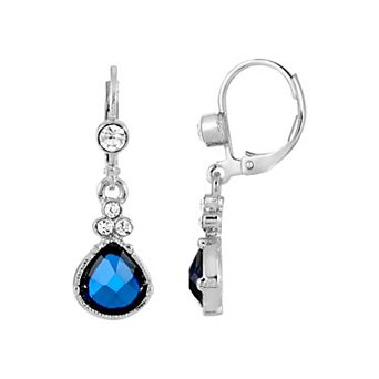 1928 Silver Tone Blue Crystal Teardrop Earrings