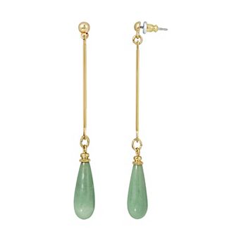 1928 Gold Tone Aventurine Linear Teardrop Earrings