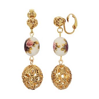 1928 Gold Tone Filigree & Flower Decal Beads Drop Earrings