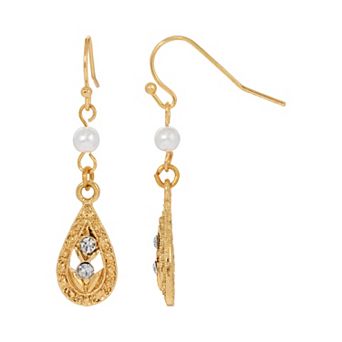 1928 Gold Tone Crystal & Simulated Pearl Linear Teardrop Earrings