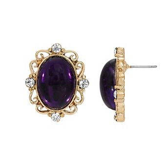 1928 Gold Tone Purple Oval Crystal Accented Button Stud Earrings