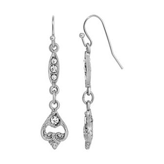 1928 Silver Tone Crystal Upside Down Heart Drop Linear Earrings