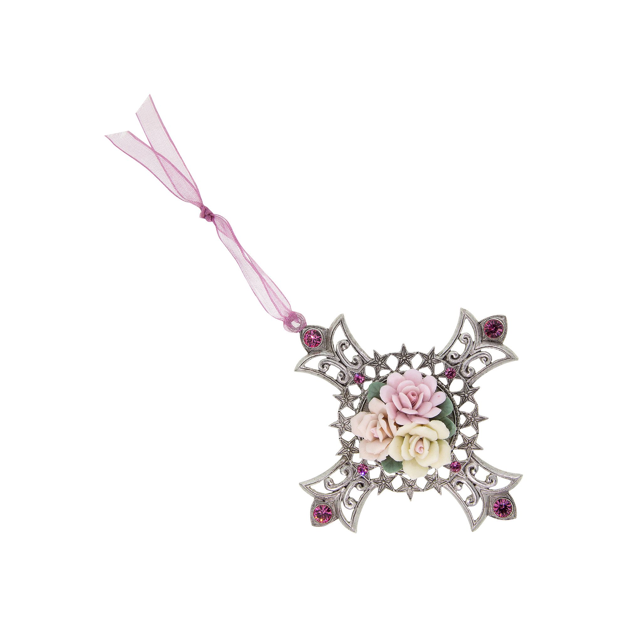 1928 Silver Tone Porcelain Rose Trio Pink Crystal Accented Cross Ornament
