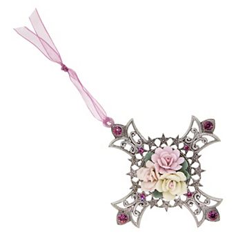 1928 Silver Tone Porcelain Rose Trio Pink Crystal Accented Cross Ornament