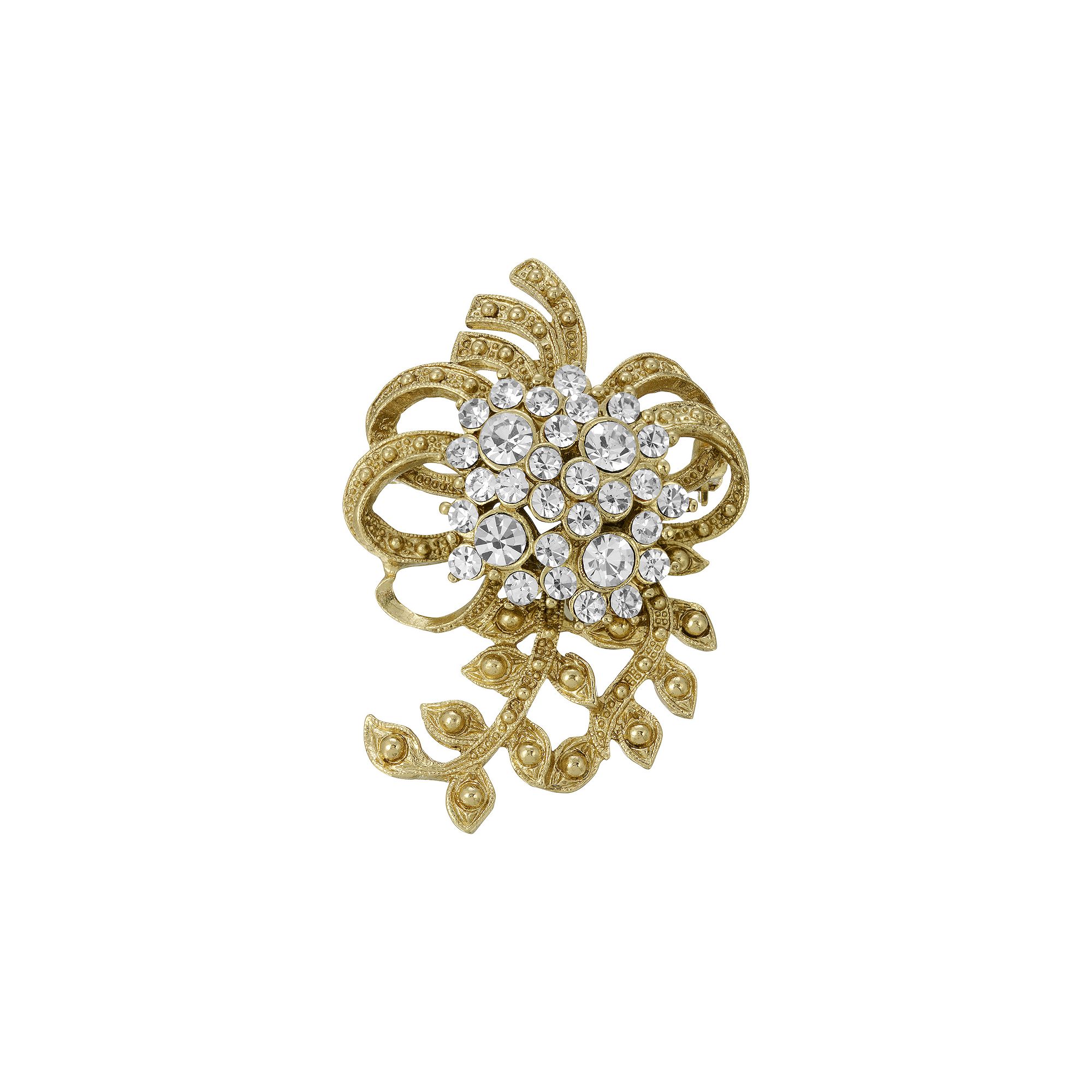 1928 Gold Tone Crystal Cluster Floral Vine Pin, Womens