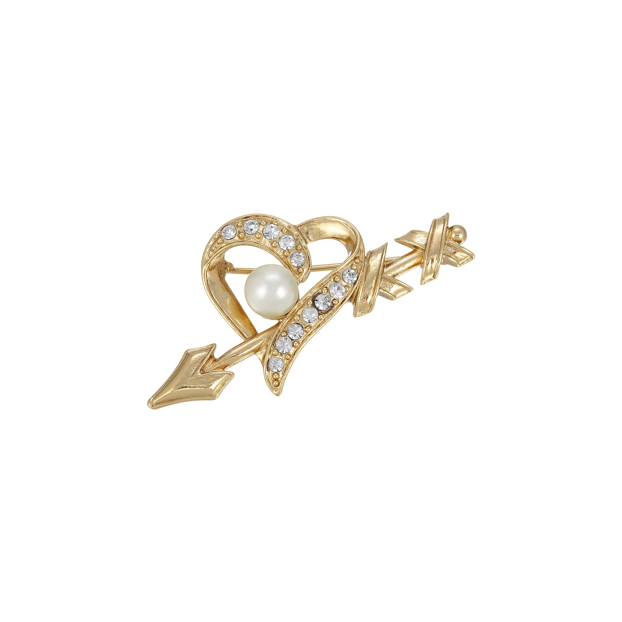 1928 Gold Tone Crystal & Simulated Pearl Heart and Arrow Pin, Womens