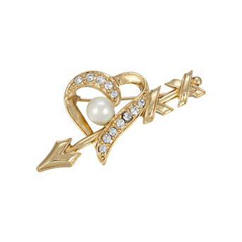 1928 Gold Tone Crystal & Simulated Pearl Heart and Arrow Pin