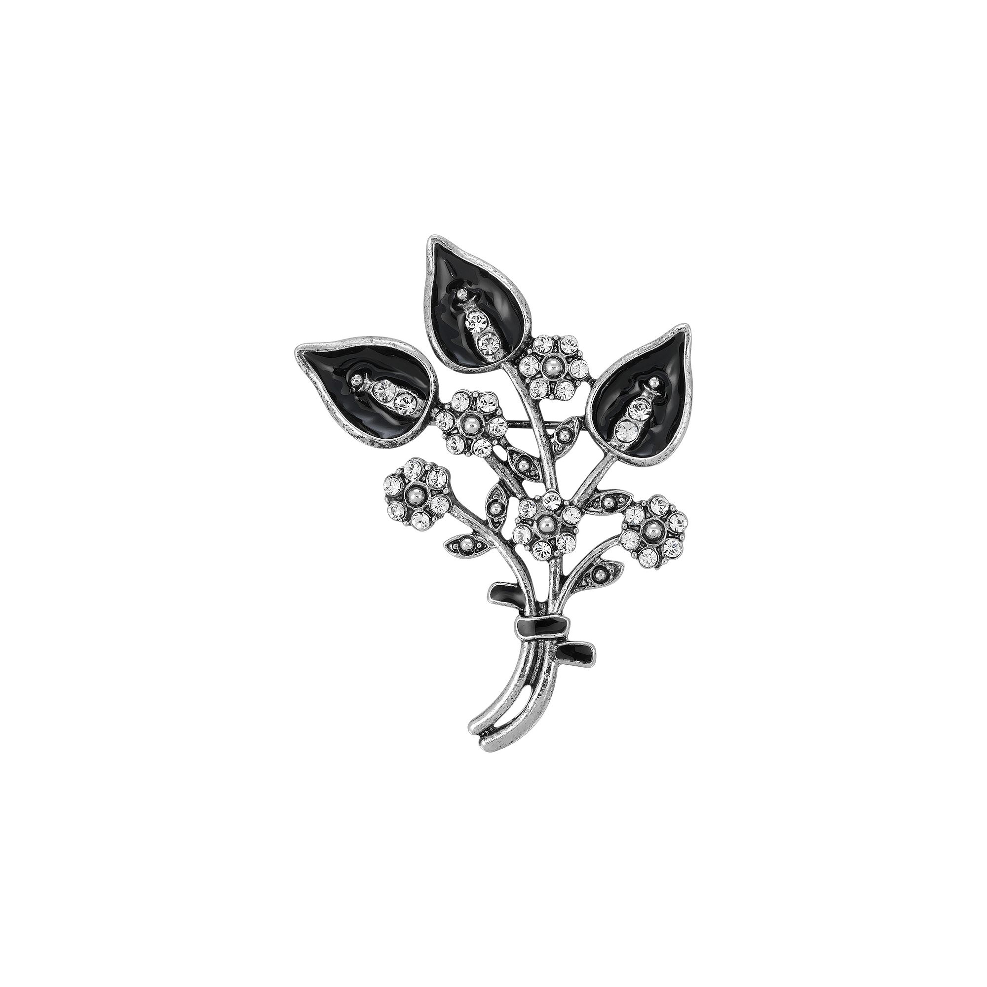 1928 Silver Tone Crystal Studded Black Enameled Floral Bouquet Pin, Womens