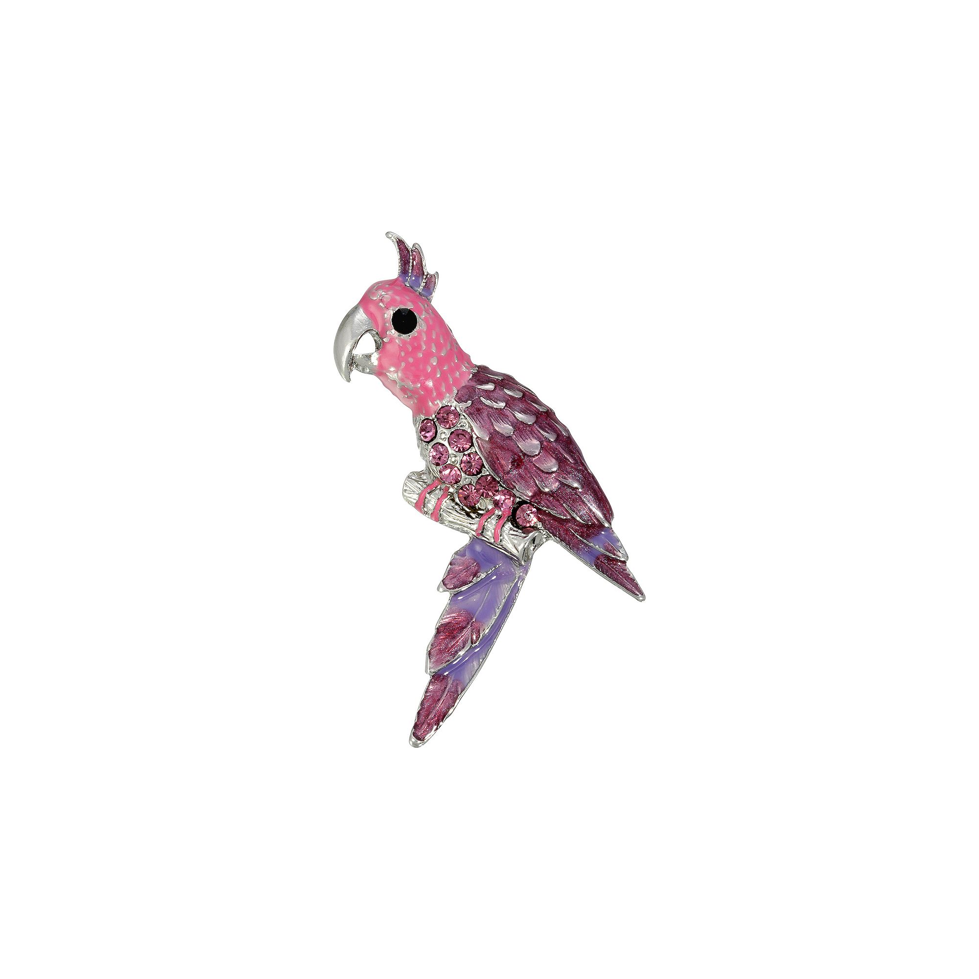 1928 Silver Tone Purple & Pink Enameled Crystal Parrot Bird Pin, Womens
