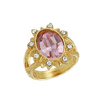 1928 Gold Tone Rosy Crystal Oval Flower Ring