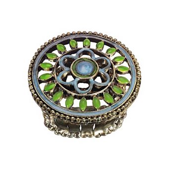 1928 Gold Tone Blue & Green Enamel Round Floral Stretch Ring