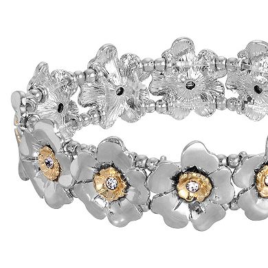 1928 Two Tone Crystal Flower Stretch Bracelet