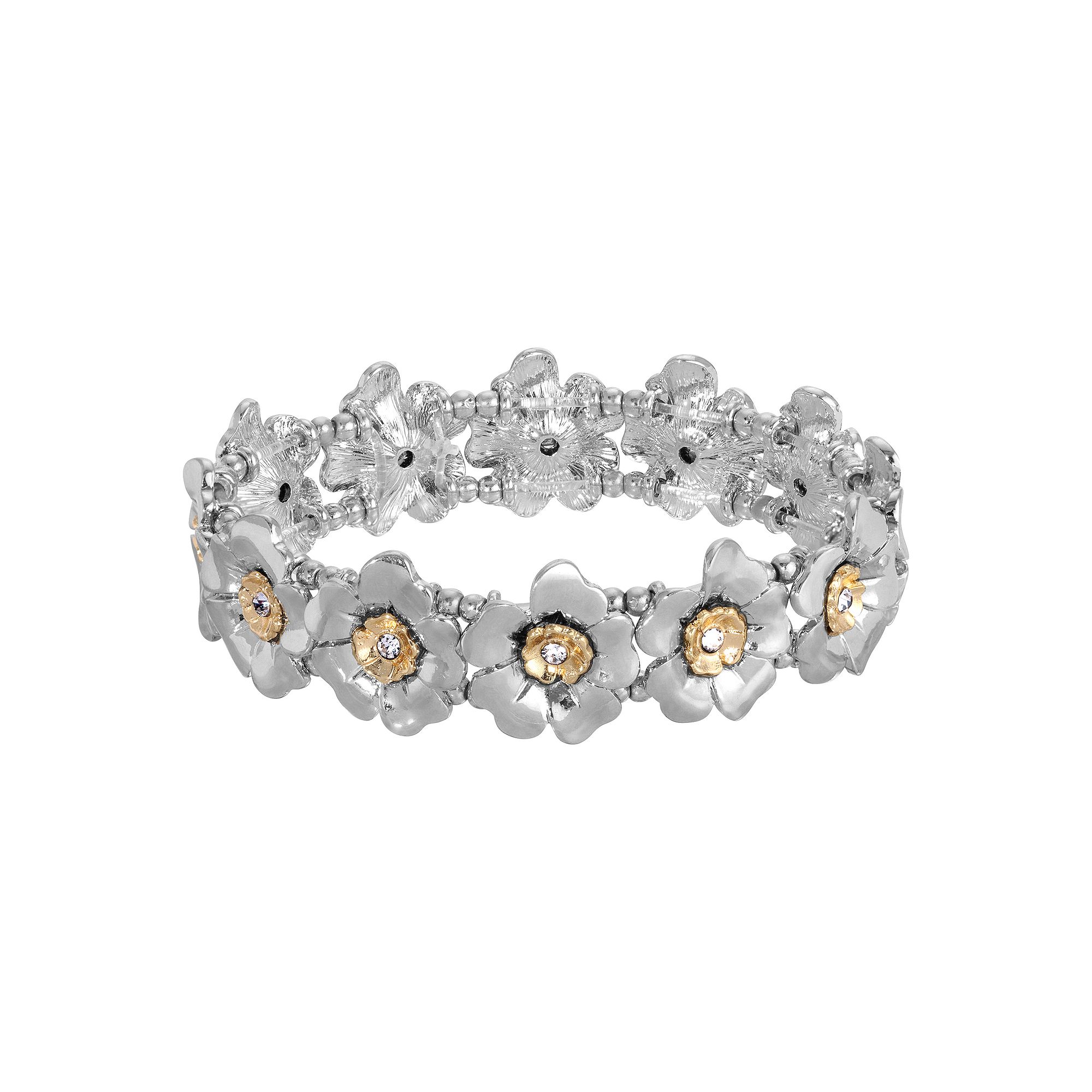 1928 Two Tone Crystal Flower Stretch Bracelet, Womens, Gray