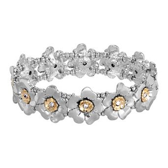1928 Two Tone Crystal Flower Stretch Bracelet