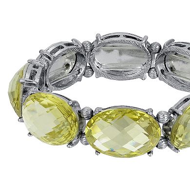 1928 Silver Tone Oval Faceted Crystal Stretch Bracelet