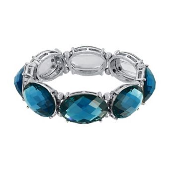 1928 Silver Tone Oval Faceted Crystal Stretch Bracelet