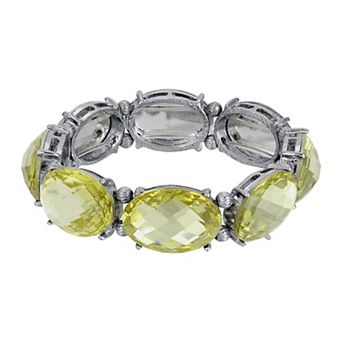 1928 Silver Tone Oval Faceted Crystal Stretch Bracelet