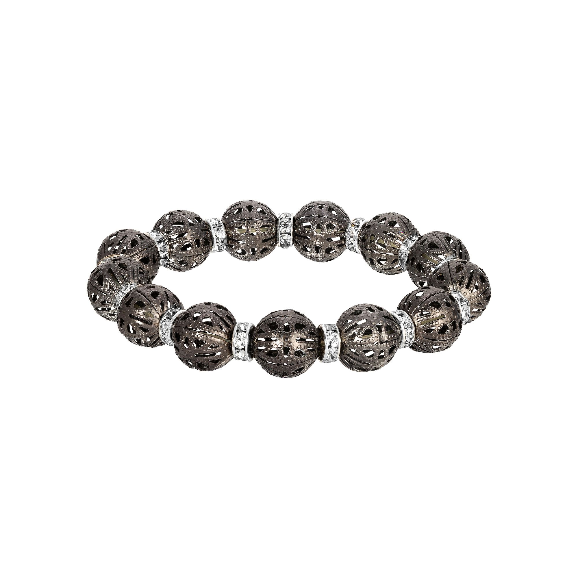 1928 Filigree Bead Crystal Rondelle Stretch Bracelet, Womens, Black