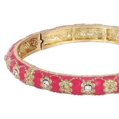 1928 Gold Tone Enamel & Crystal Thin Stretch Bangle Bracelet