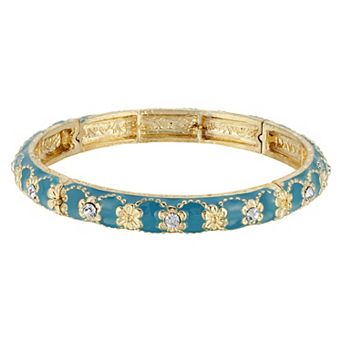 1928 Gold Tone Enamel & Crystal Thin Stretch Bangle Bracelet