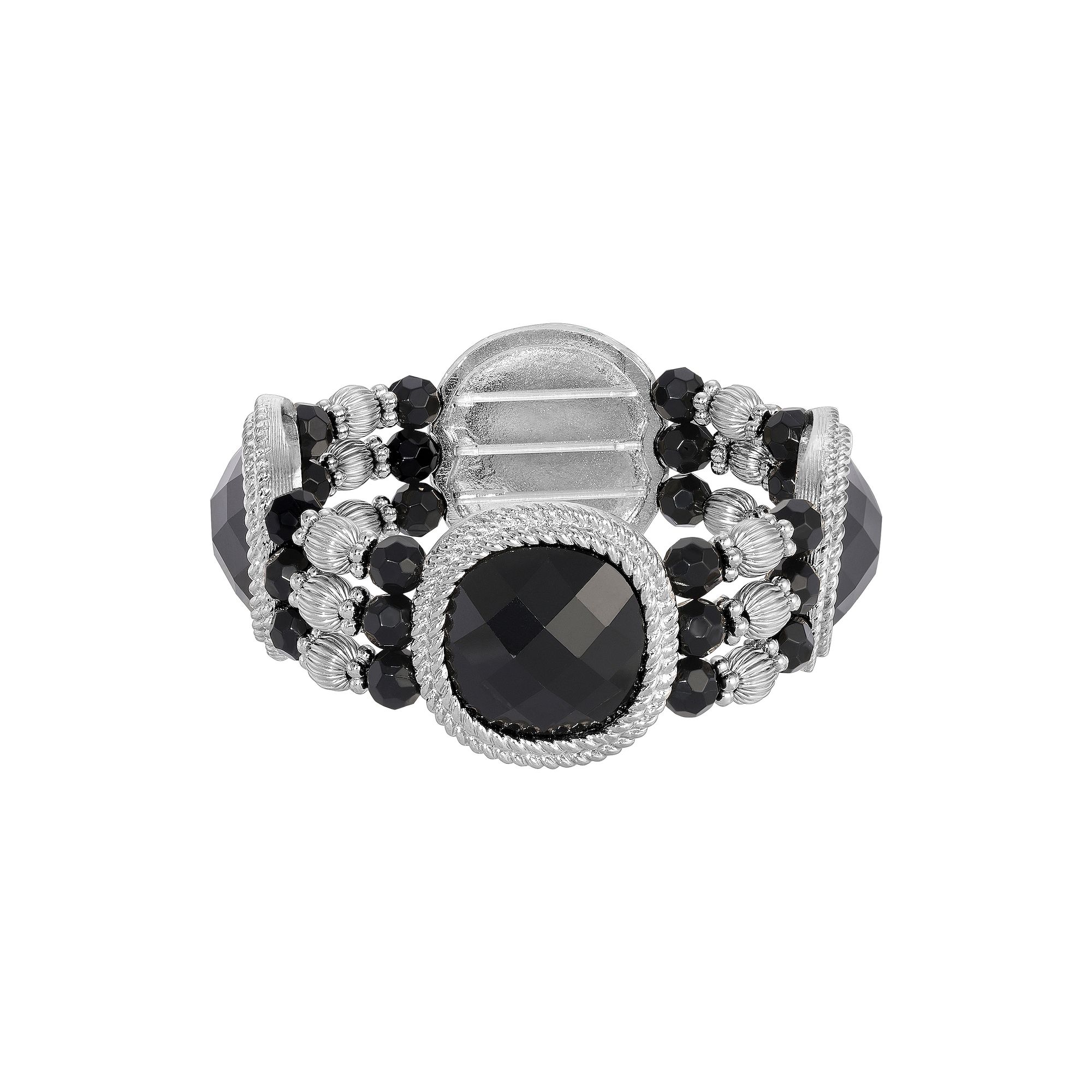 1928 Silver Tone Black Beaded Stretch Bracelet, Womens