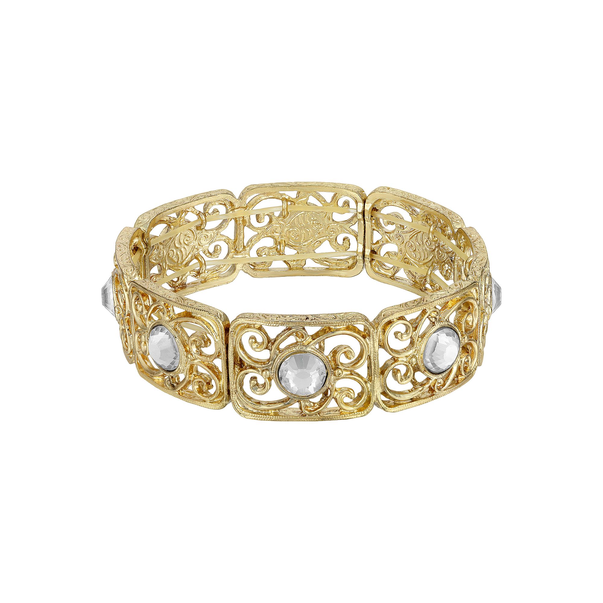 1928 Gold Tone Crystal Stretch Bracelet, Womens, White