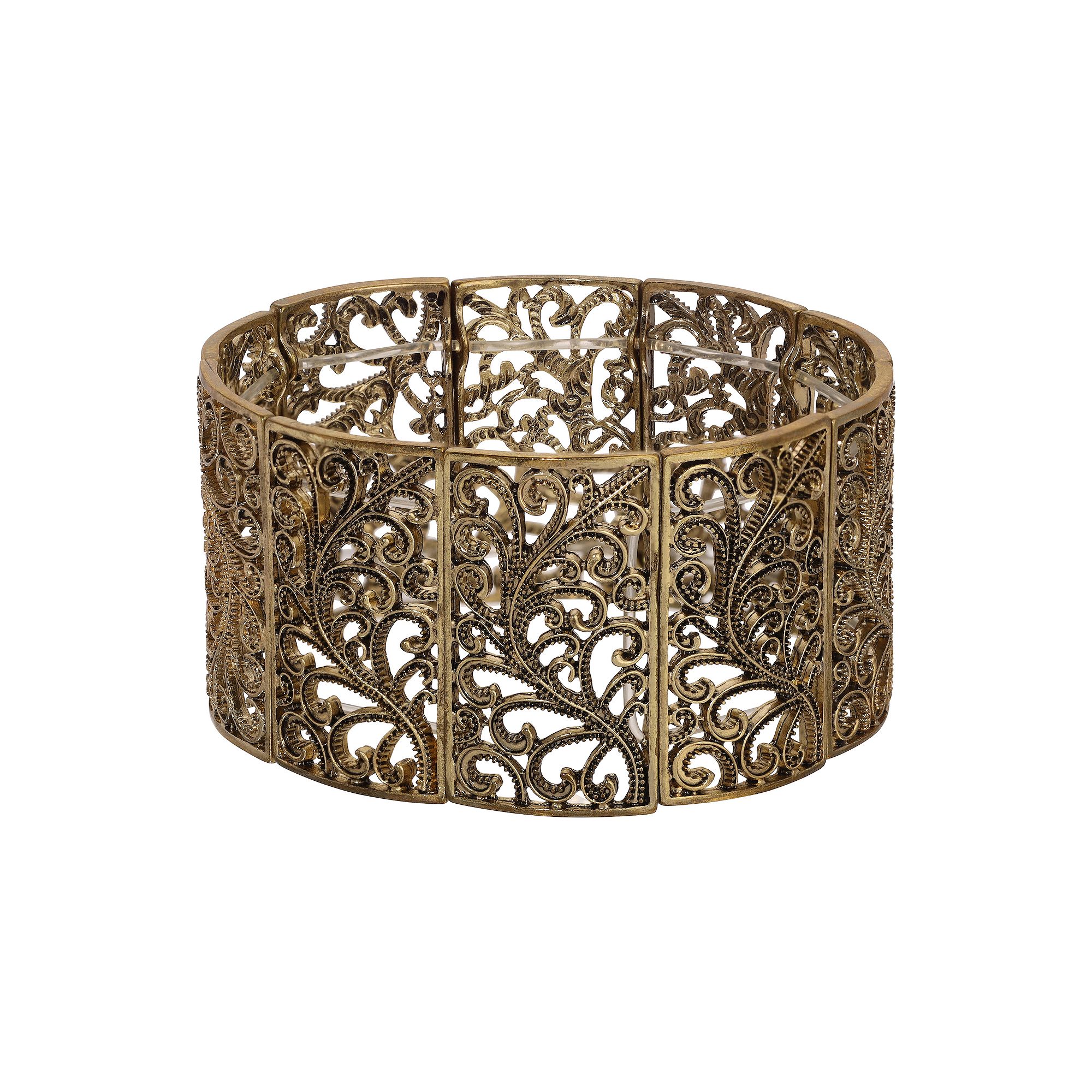 1928 Gold Tone Wide Filigree Stretch Bracelet, Womens, Yellow