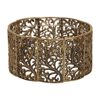 1928 Gold Tone Wide Filigree Stretch Bracelet