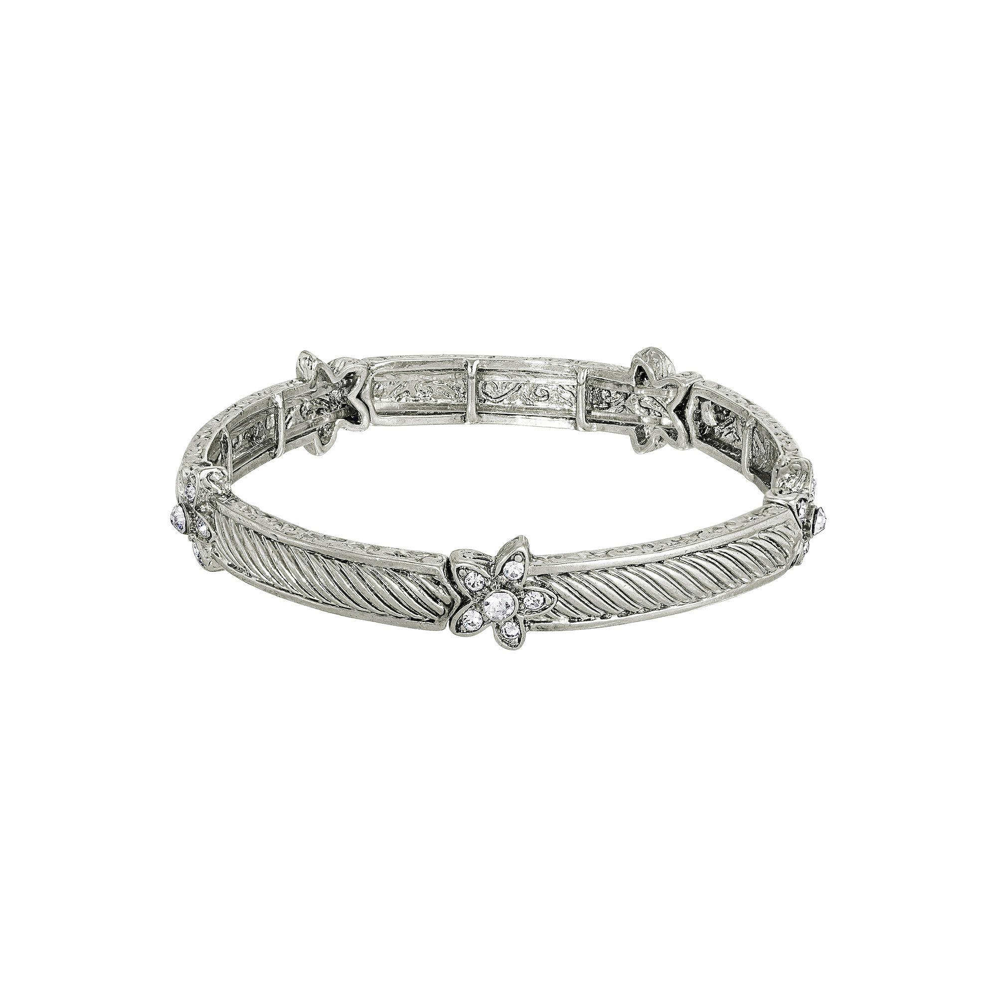 1928 Silver Tone Crystal Flower Stretch Bracelet, Womens, White