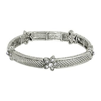 1928 Silver Tone Crystal Flower Stretch Bracelet