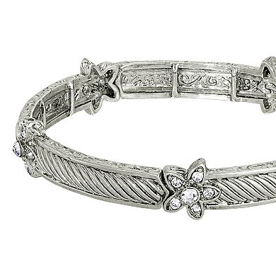1928 Silver Tone Crystal Flower Stretch Bracelet