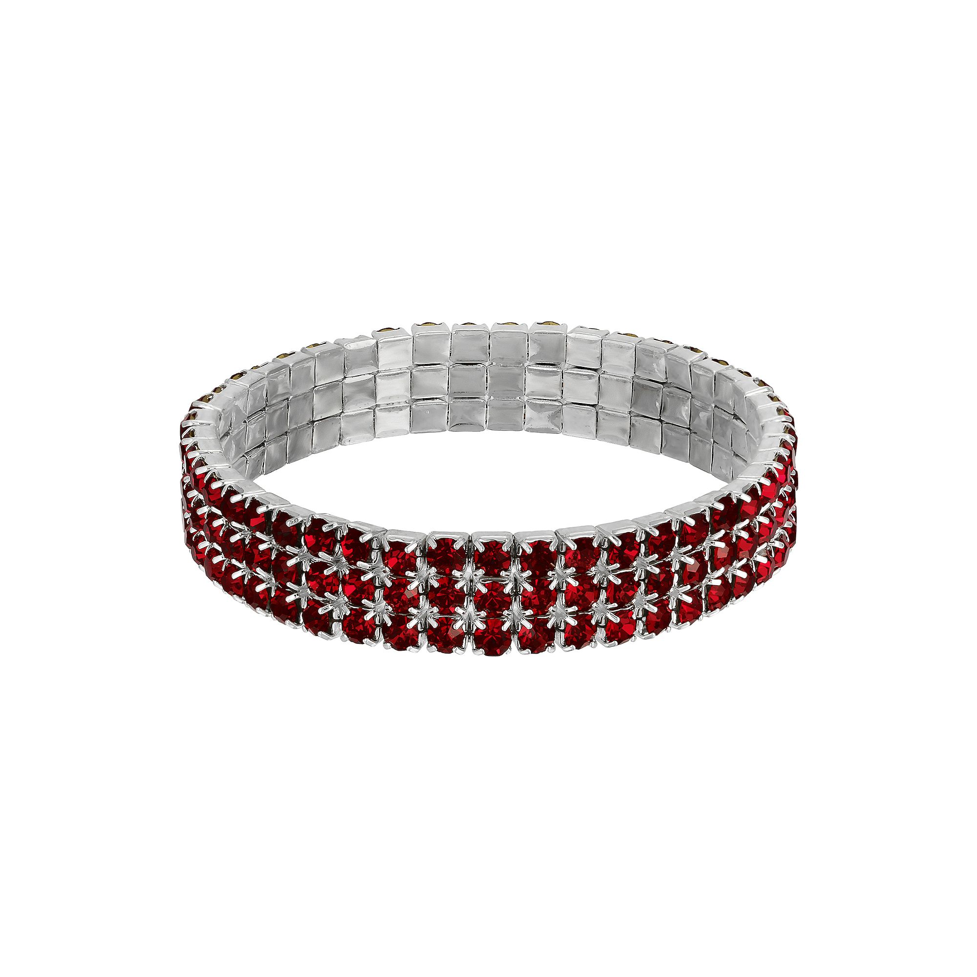 1928 Silver Tone Red 3-Row Rhinestone Stretch Bracelet, Womens