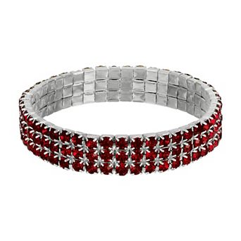 1928 Silver Tone Red 3-Row Rhinestone Stretch Bracelet