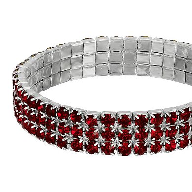 1928 Silver Tone Red 3-Row Rhinestone Stretch Bracelet