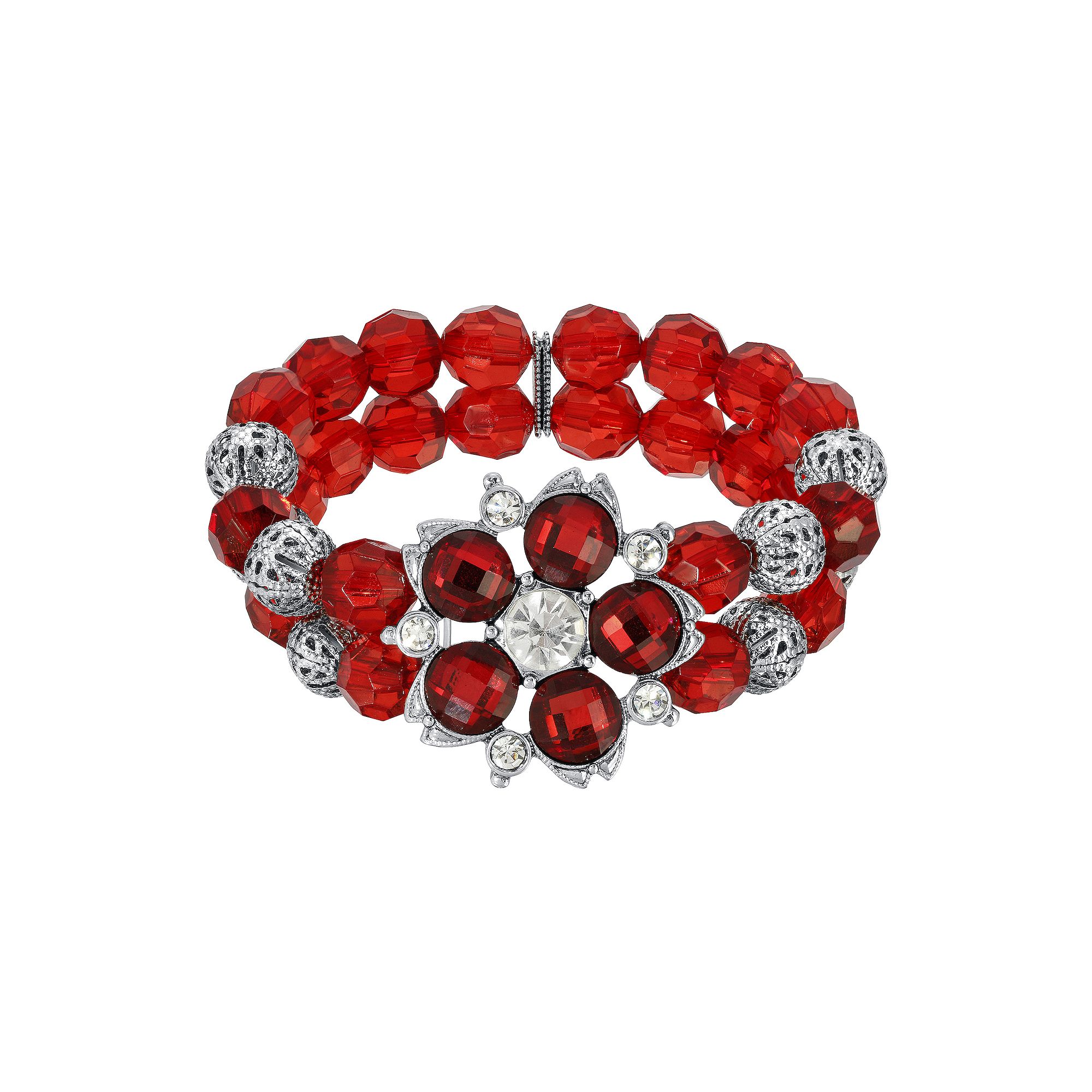 1928 Silver Tone Red Beaded Crystal Flower Stretch Bracelet, Womens