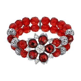 1928 Silver Tone Red Beaded Crystal Flower Stretch Bracelet