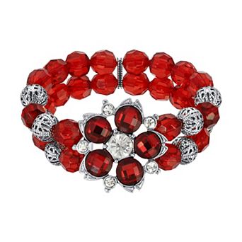 1928 Silver Tone Red Beaded Crystal Flower Stretch Bracelet