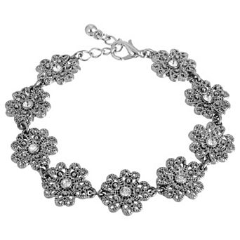 1928 Silver Tone Crystal Flower Link Bracelet