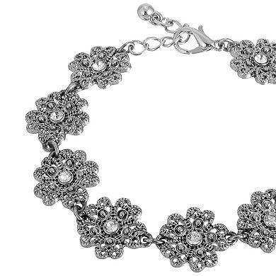 1928 Silver Tone Crystal Flower Link Bracelet