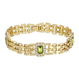 1928 Gold Tone Green & Clear Crystal Clasp Bracelet