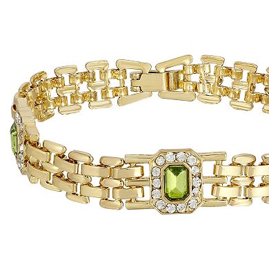 1928 Gold Tone Green & Clear Crystal Clasp Bracelet