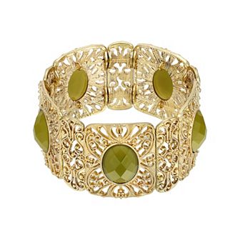 1928 Gold Tone Faceted Filigree Wide Stretch Bracelet