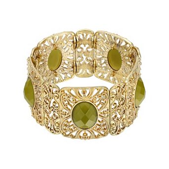 1928 Gold Tone Faceted Filigree Wide Stretch Bracelet