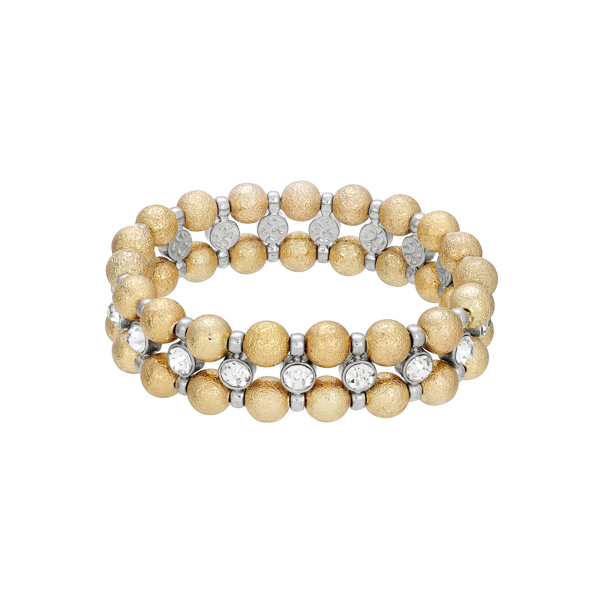 1928 Gold Tone Brushed Ball & Crystal Stretch Bracelet, Womens, White