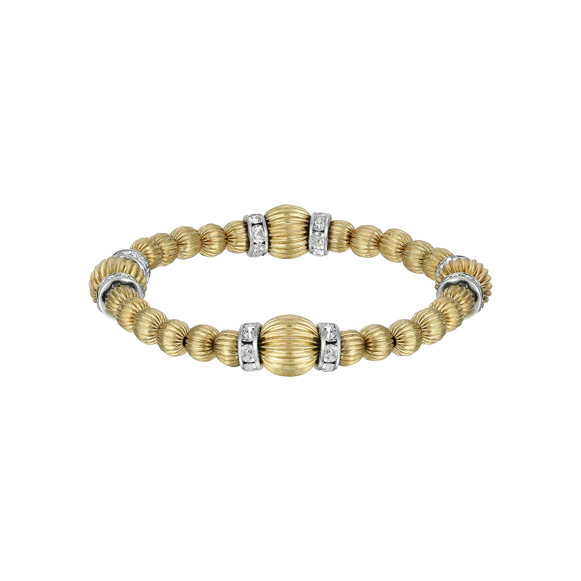 1928 Gold Tone Textured & Crystal Rondell Stretch Bracelet, Womens, White