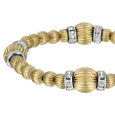 1928 Gold Tone Textured & Crystal Rondell Stretch Bracelet