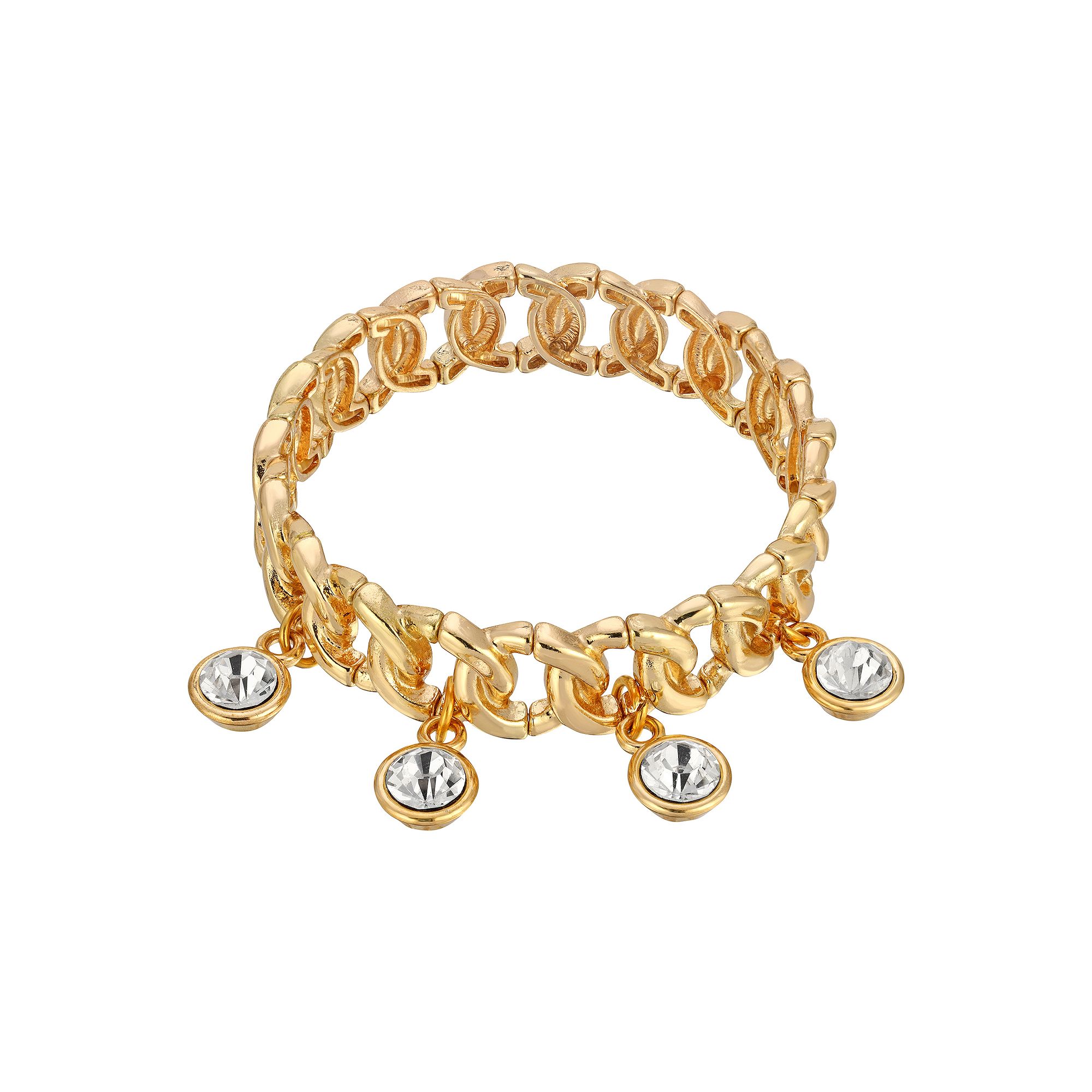 1928 Gold Tone Stretch Crystal Link Bracelet, Womens, White