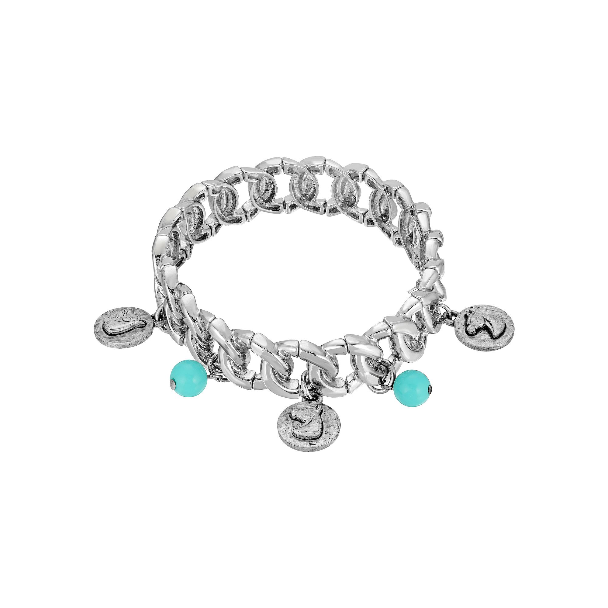 1928 Silver Tone Horse Head Stretch Link Bracelet, Womens, Turquoise