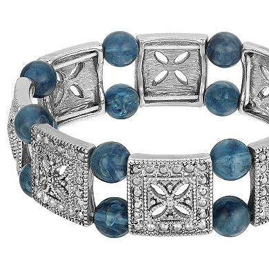 1928 Silver Tone Blue Bead Stretch Bracelet