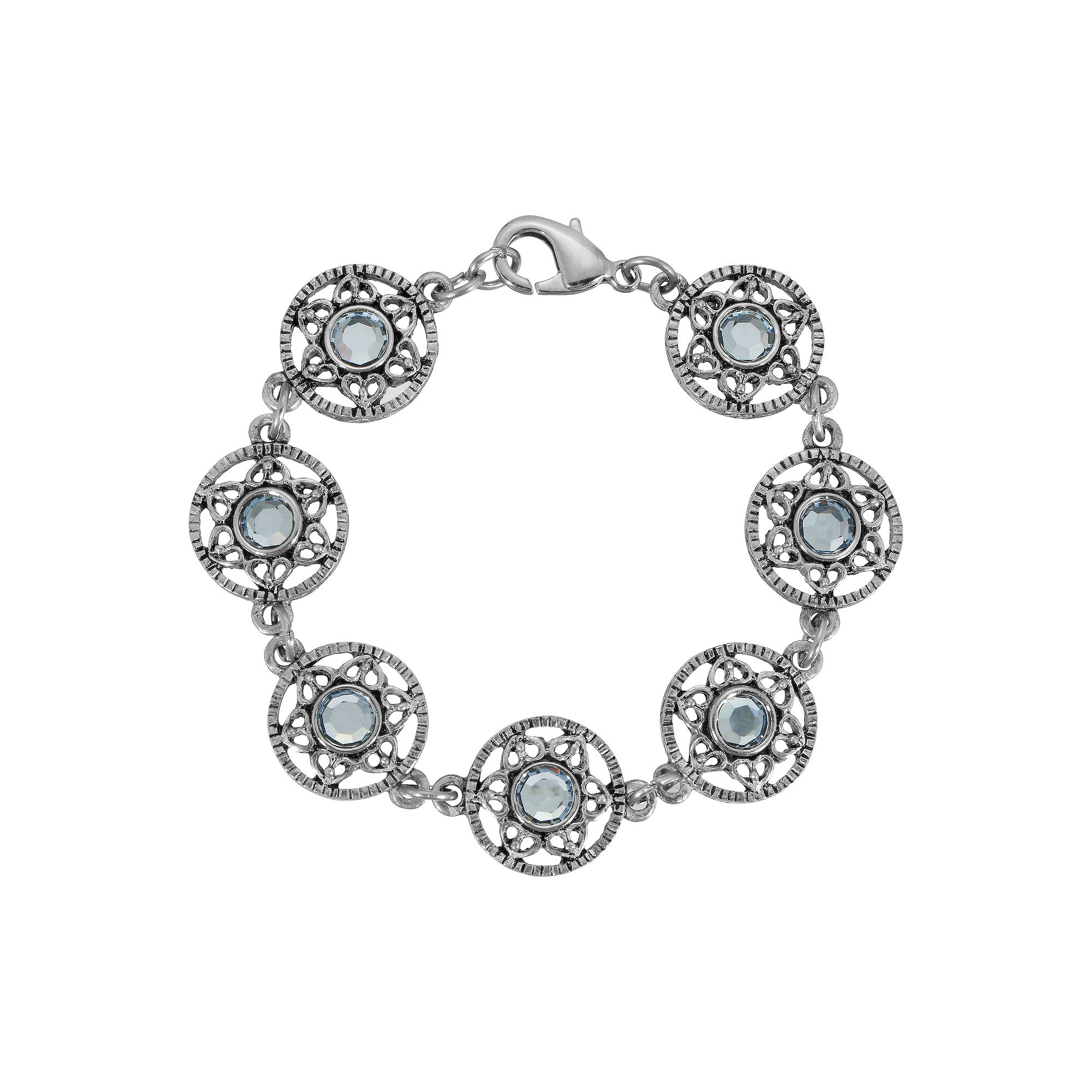 1928 Silver Tone Light Blue Stone Flower Bracelet, Womens